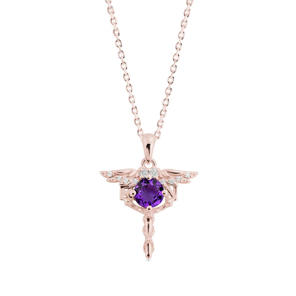 Round Amethyst Caduceus Necklace - LUO Jewelry #metal_18k rose gold