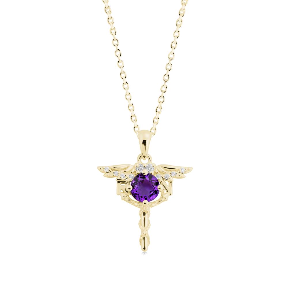 Round Amethyst Caduceus Necklace - LUO Jewelry #metal_18k yellow gold