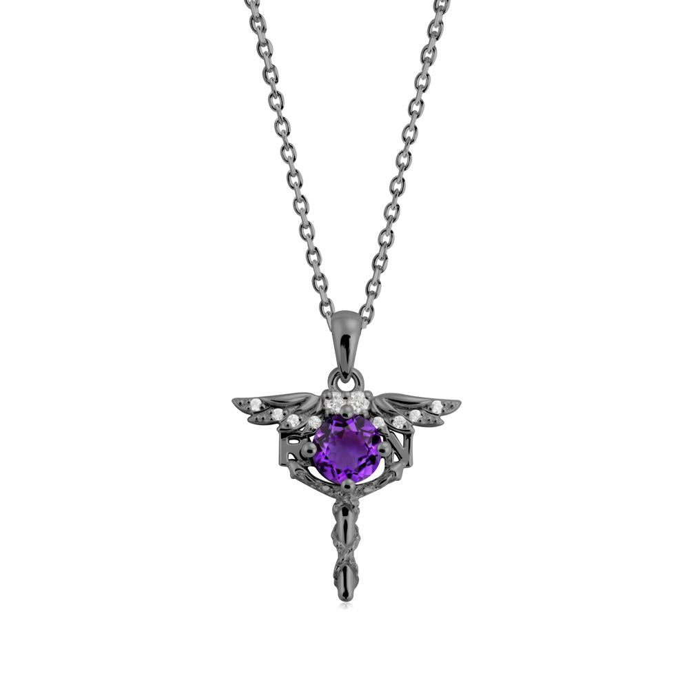 Round Amethyst Caduceus Necklace - LUO Jewelry #metal_black finish sterling silver