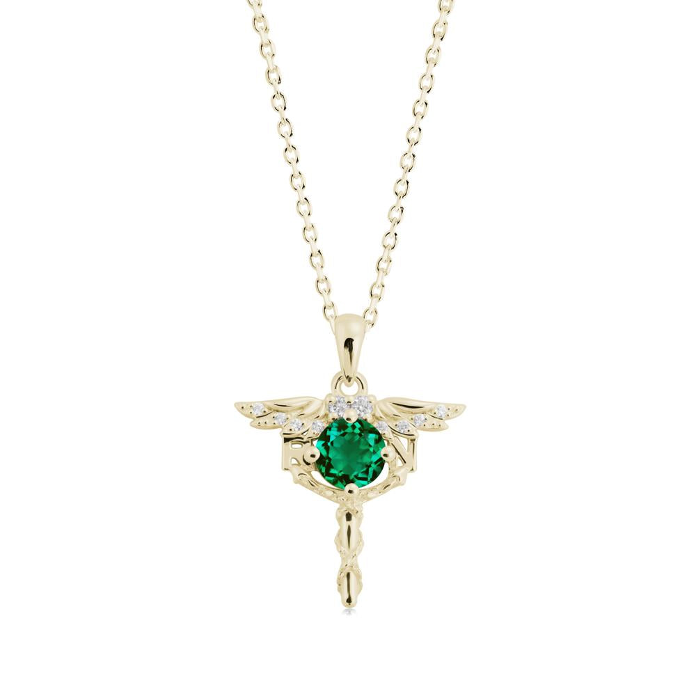 Round Emerald Caduceus Necklace - LUO Jewelry #metal_14k yellow gold