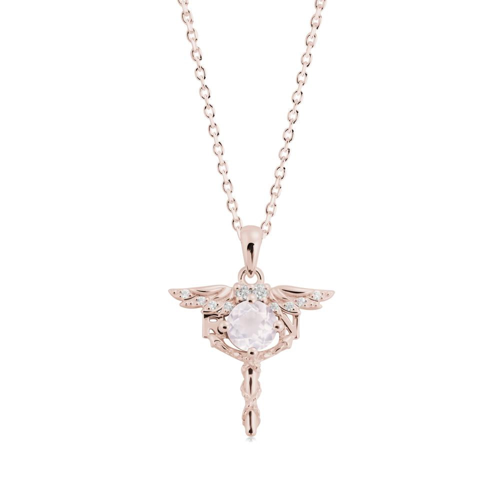 Round Rose Quartz Caduceus Necklace - LUO Jewelry #metal_14k rose gold