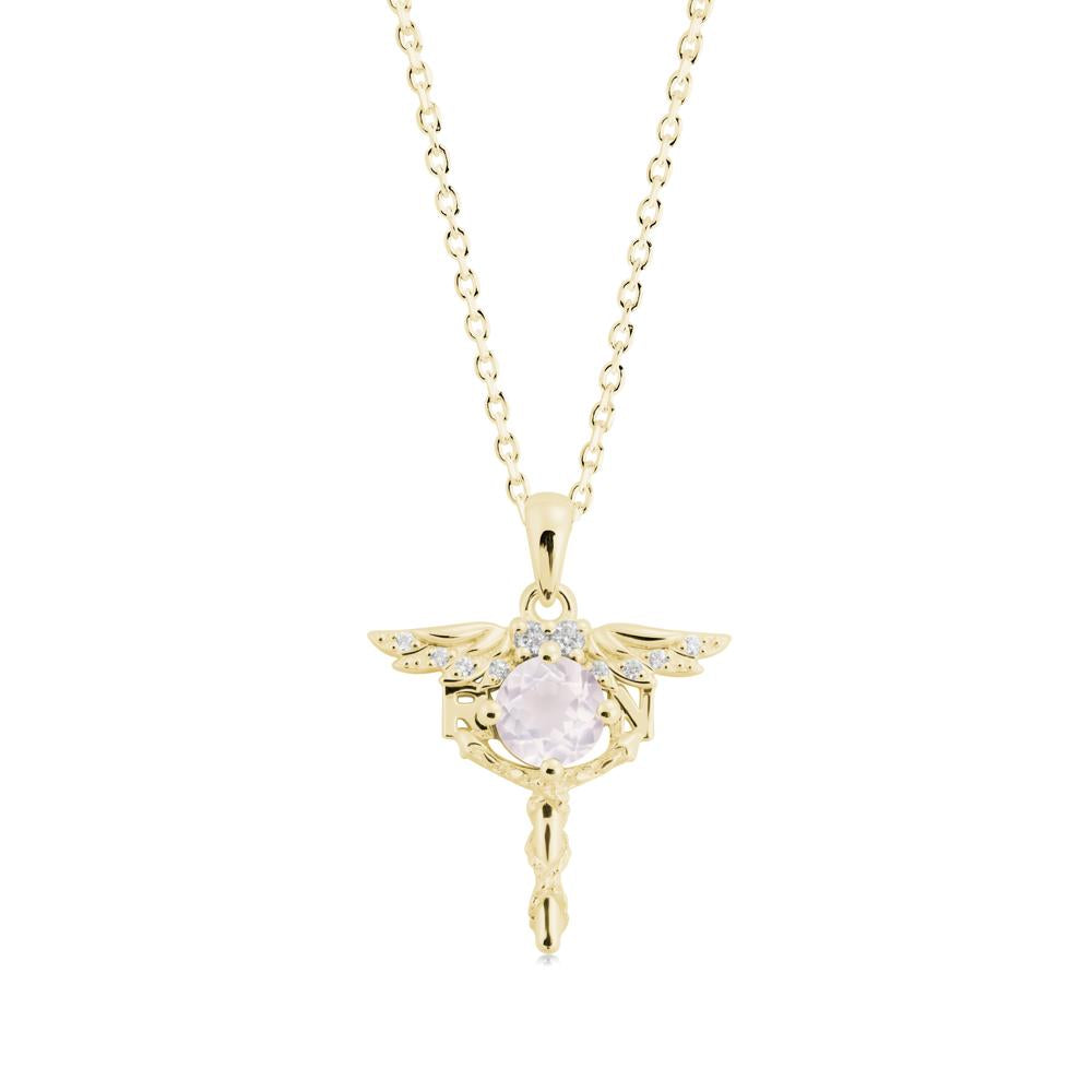 Round Rose Quartz Caduceus Necklace - LUO Jewelry #metal_18k yellow gold