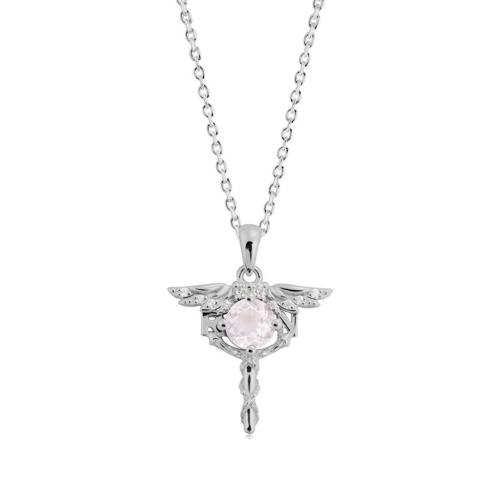 Round Rose Quartz Caduceus Necklace - LUO Jewelry #metal_platinum