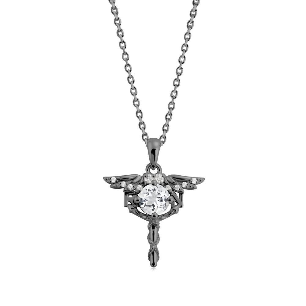 Round White Topaz Caduceus Necklace - LUO Jewelry #metal_black finish sterling silver