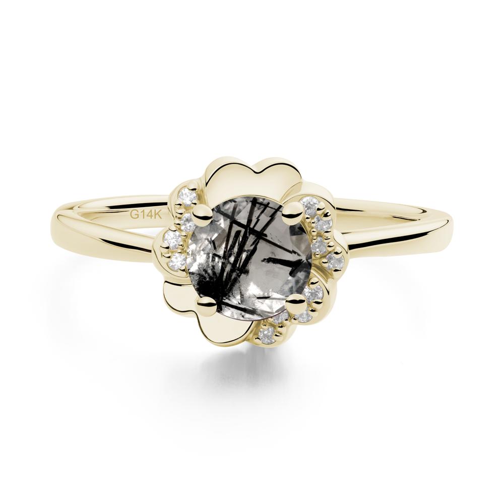 Round Black Rutilated Quartz Floral Engagement Ring - LUO Jewelry #metal_14k yellow gold