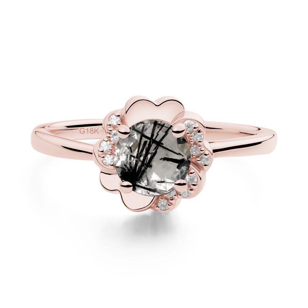 Round Black Rutilated Quartz Floral Engagement Ring - LUO Jewelry #metal_18k rose gold