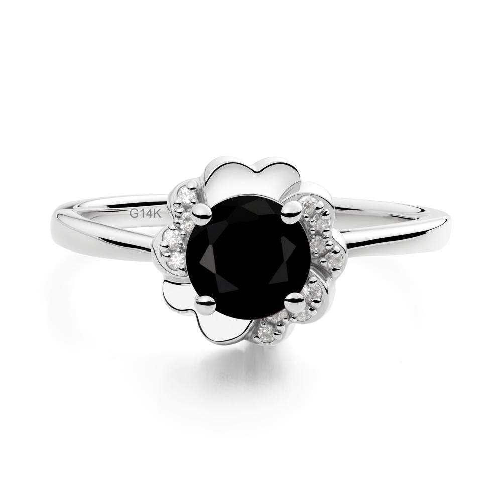 Round Black Spinel Floral Engagement Ring - LUO Jewelry #metal_14k white gold