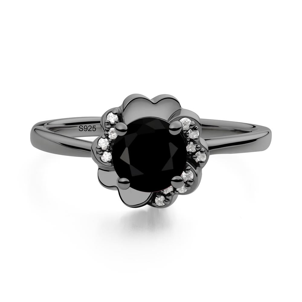 Round Black Spinel Floral Engagement Ring - LUO Jewelry #metal_black finish sterling silver
