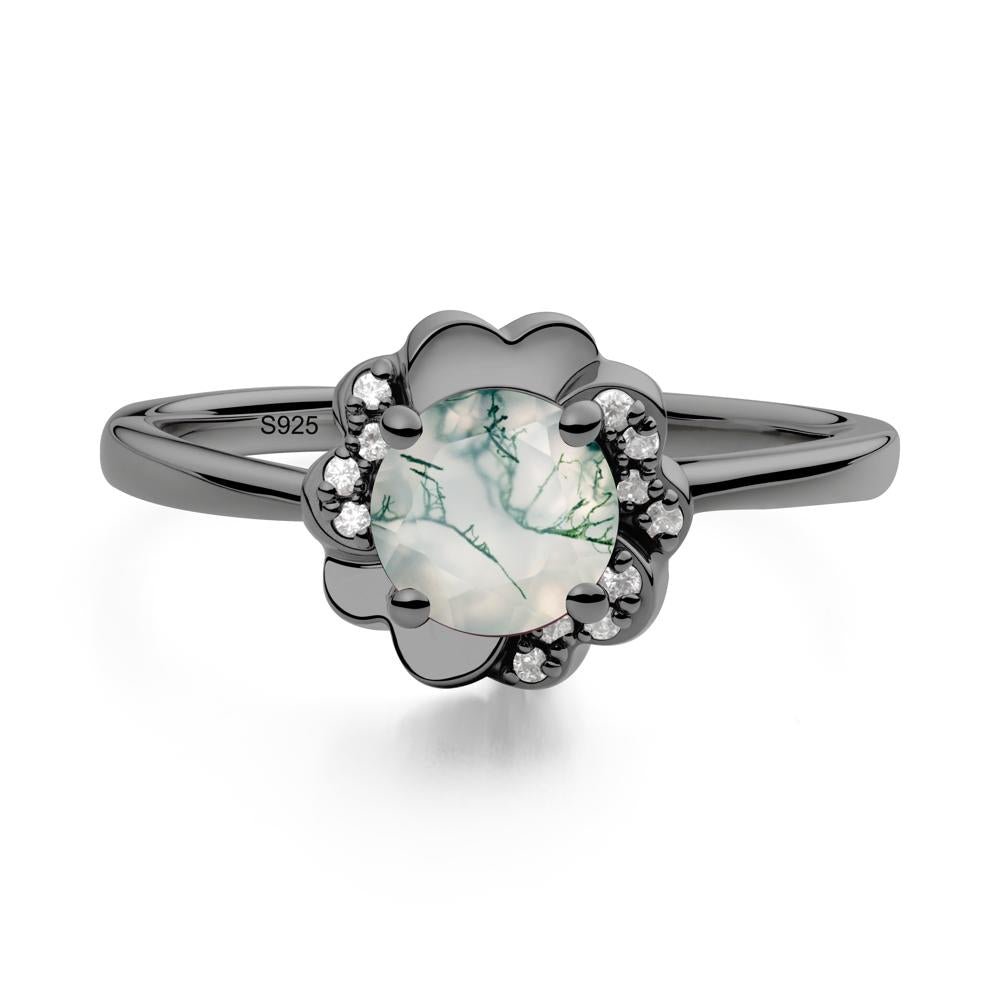 Round Moss Agate Floral Engagement Ring - LUO Jewelry #metal_black finish sterling silver