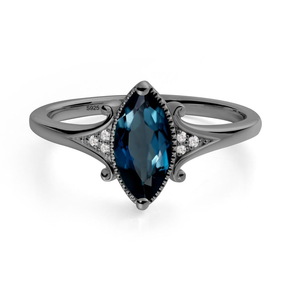 Marquise London Blue Topaz Ring with Milgrain Halo - LUO Jewelry #metal_black finish sterling silver