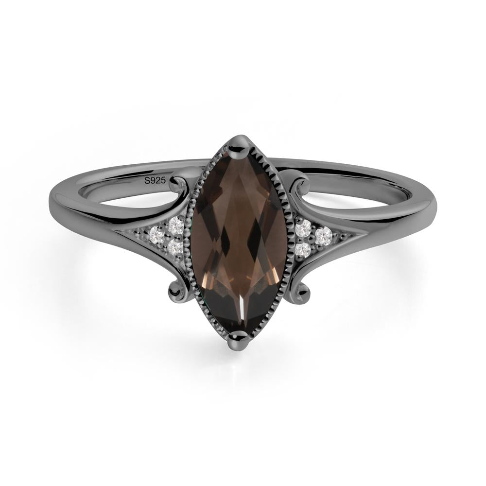 Marquise Smoky Quartz Ring with Milgrain Halo - LUO Jewelry #metal_black finish sterling silver
