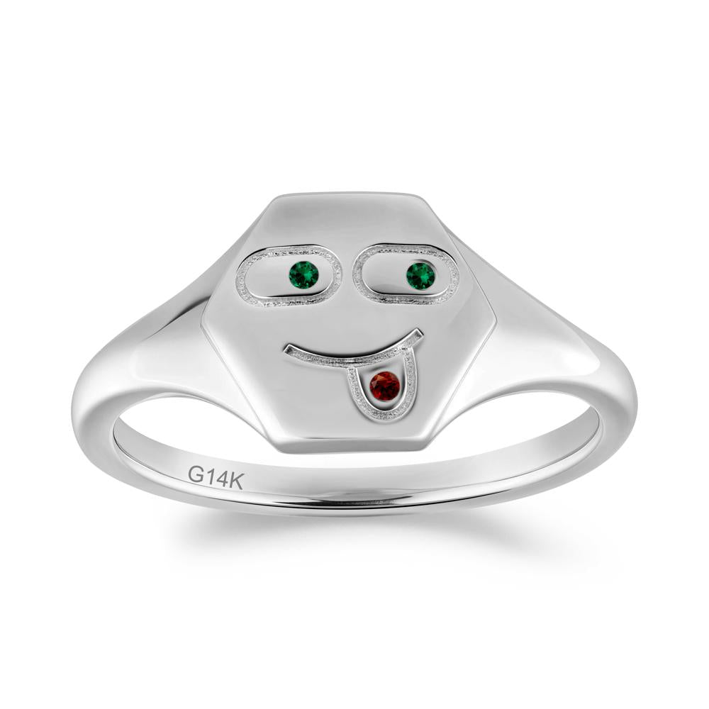 Hexagon Emoji Signet Emerald and Garnet Ring - LUO Jewelry #metal_14k white gold