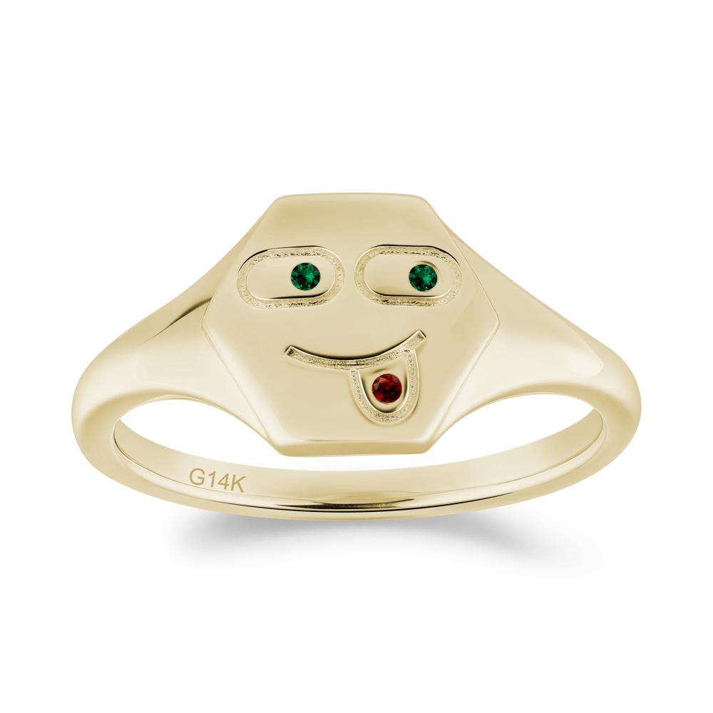 Hexagon Emoji Signet Emerald and Garnet Ring - LUO Jewelry #metal_14k yellow gold