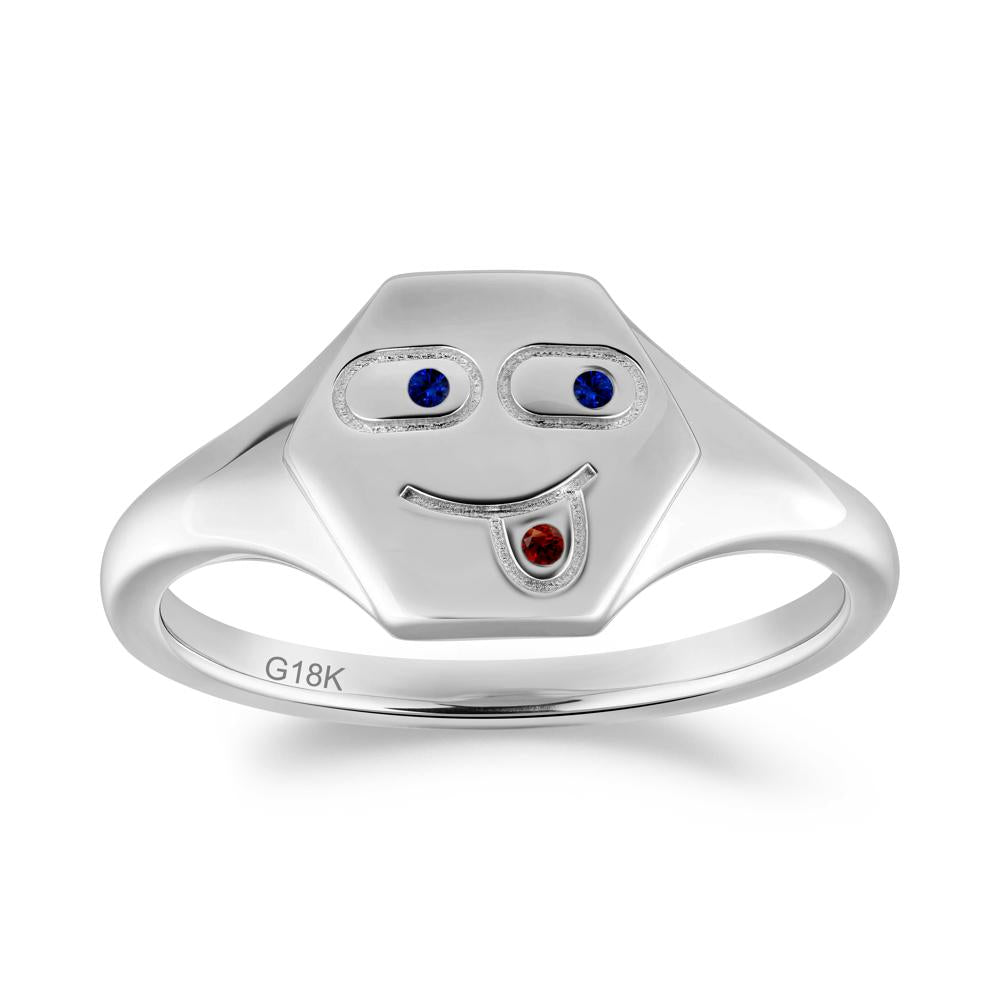 Hexagon Emoji Sapphire and Garnet Signet Ring - LUO Jewelry #metal_18k white gold