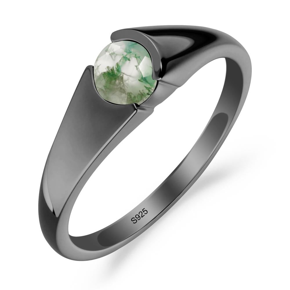 Bezel Set Round Moss Agate Solitaire Ring - LUO Jewelry #metal_black finish sterling silver