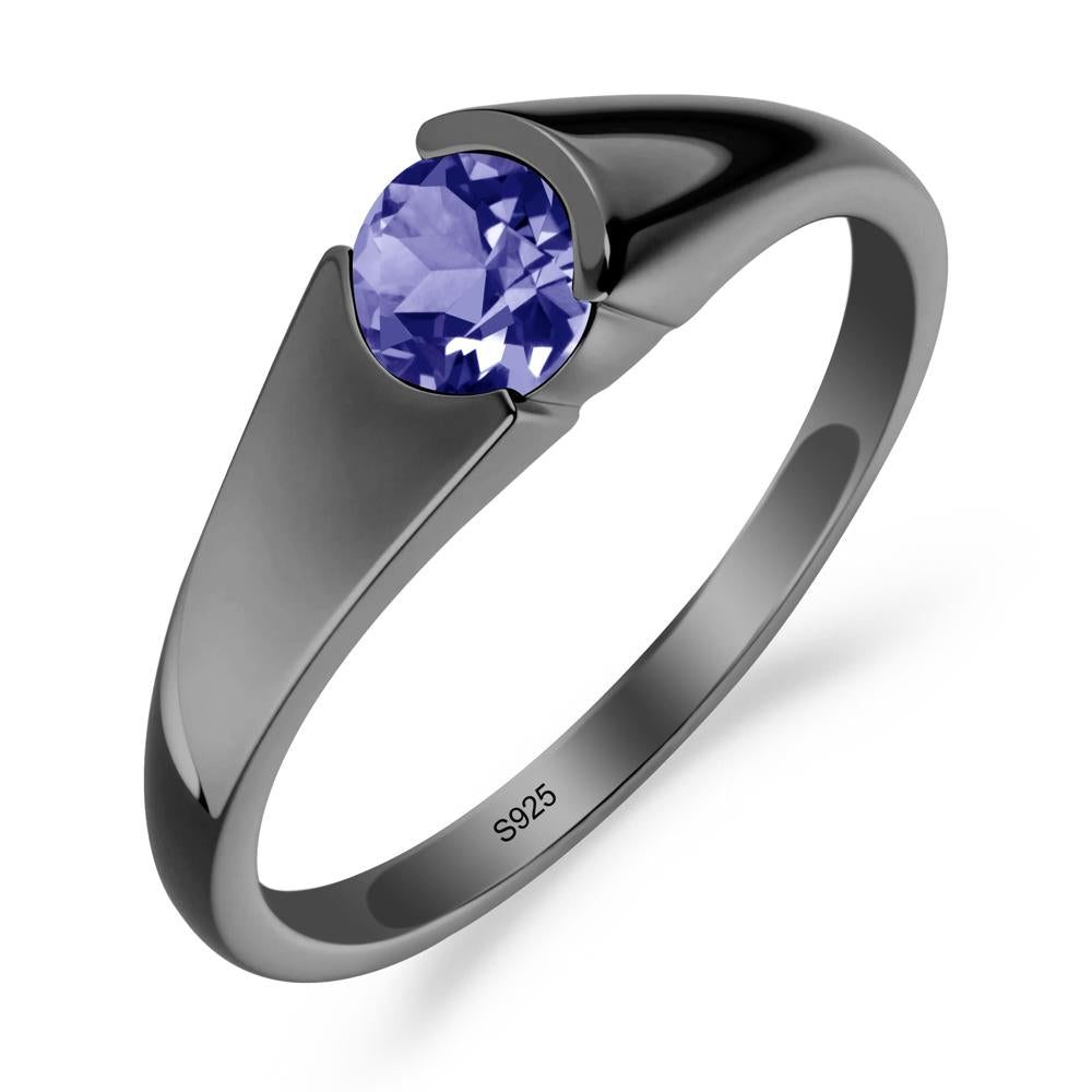 Bezel Set Round Tanzanite Solitaire Ring - LUO Jewelry #metal_black finish sterling silver