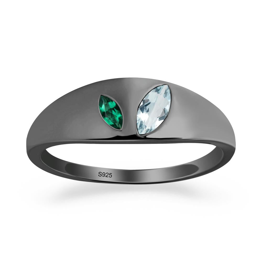 Simple Marquise Aquamarine and Emerald Toi Et Moi Ring - LUO Jewelry #metal_black finish sterling silver