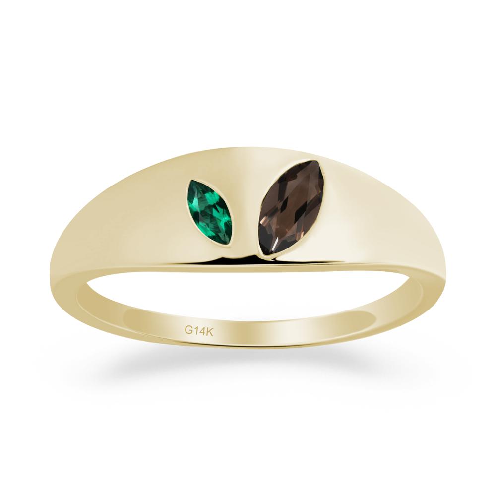 Emerald and Smoky Quartz and Emerald Two Stone Ring - LUO Jewelry #metal_14k yellow gold