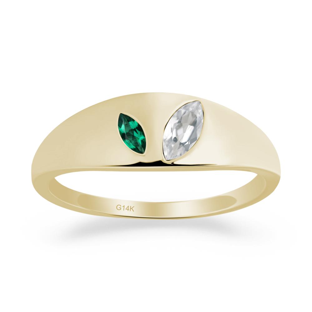 Bezel-Set Marquise White Topaz and Emerald Ring - LUO Jewelry #metal_14k yellow gold