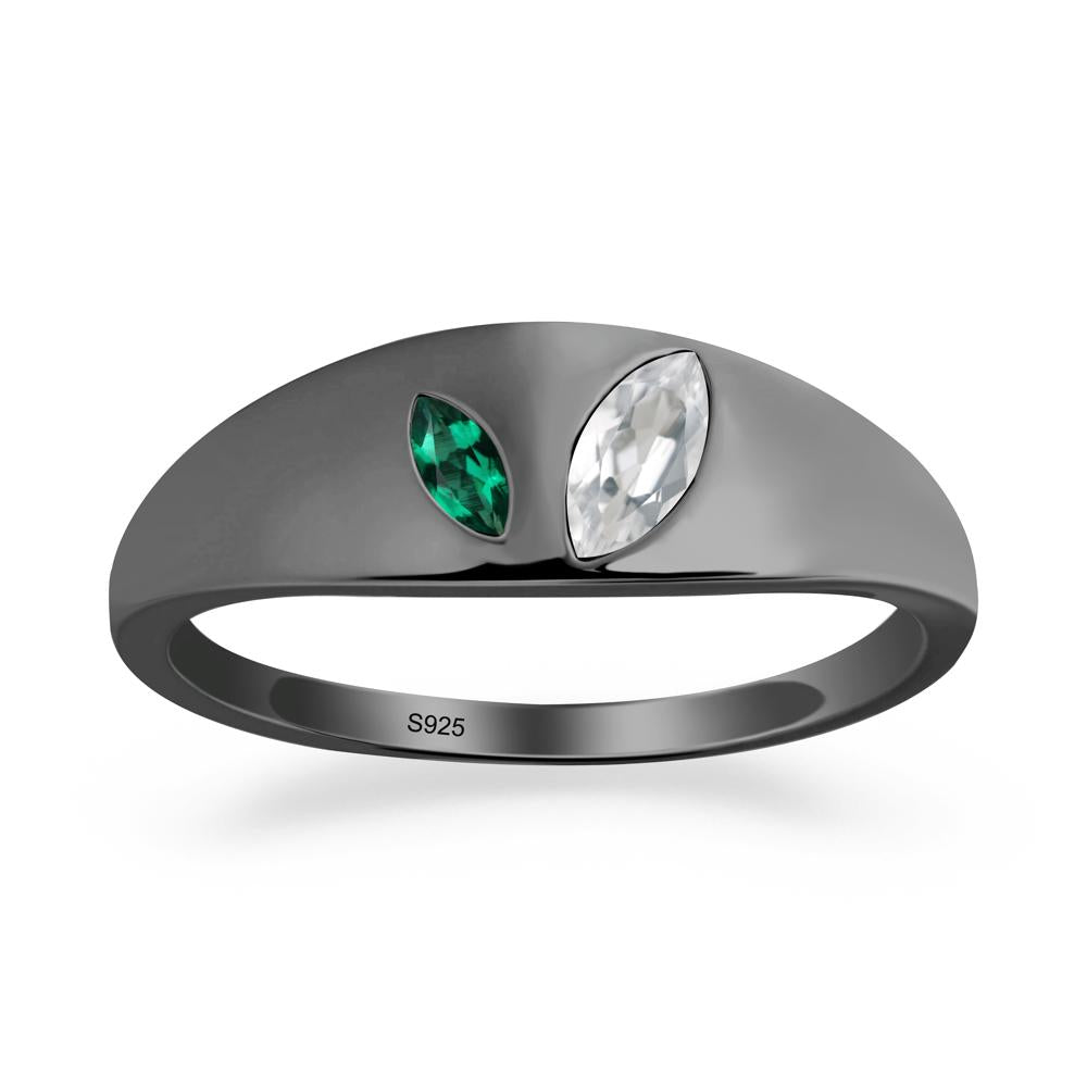 Bezel-Set Marquise White Topaz and Emerald Ring - LUO Jewelry #metal_black finish sterling silver