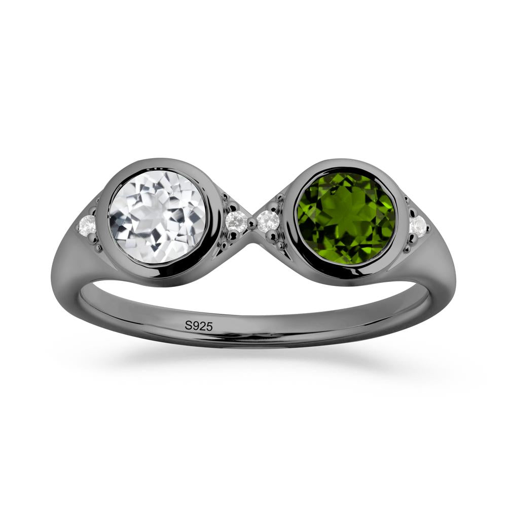 Bezel Diopside and White Topaz Two Stone Ring - LUO Jewelry #metal_black finish sterling silver