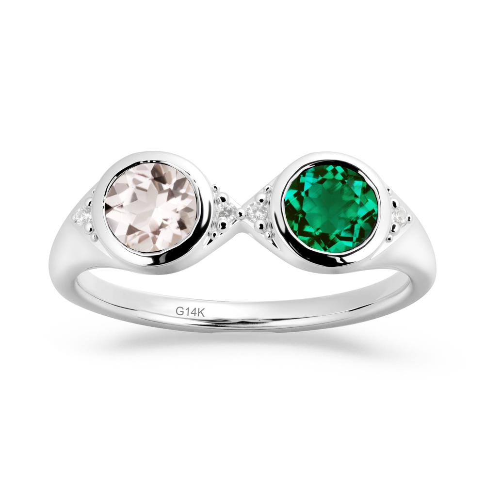 Bezel Emerald and Morganite Two Stone Ring - LUO Jewelry #metal_14k white gold