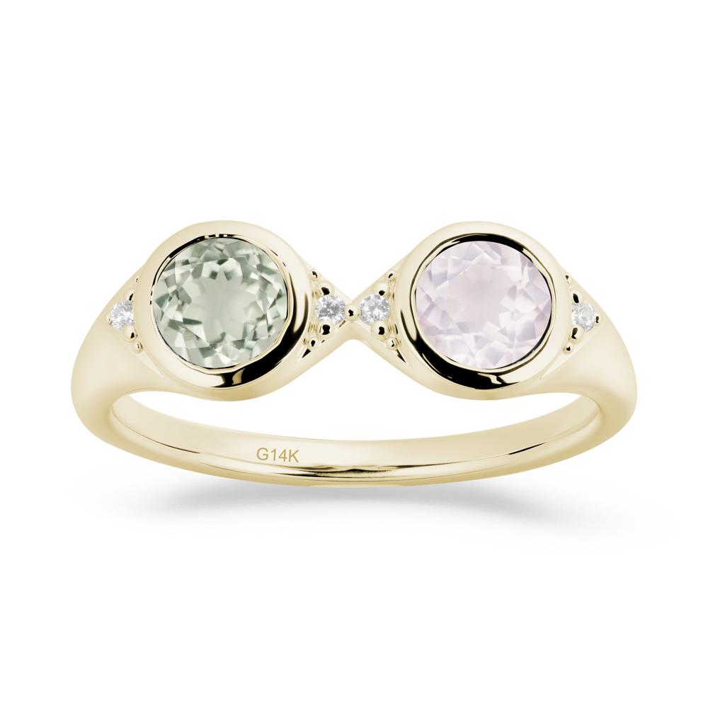 Bezel Green Amethyst and Rose Quartz Two Stone Ring - LUO Jewelry #metal_14k yellow gold