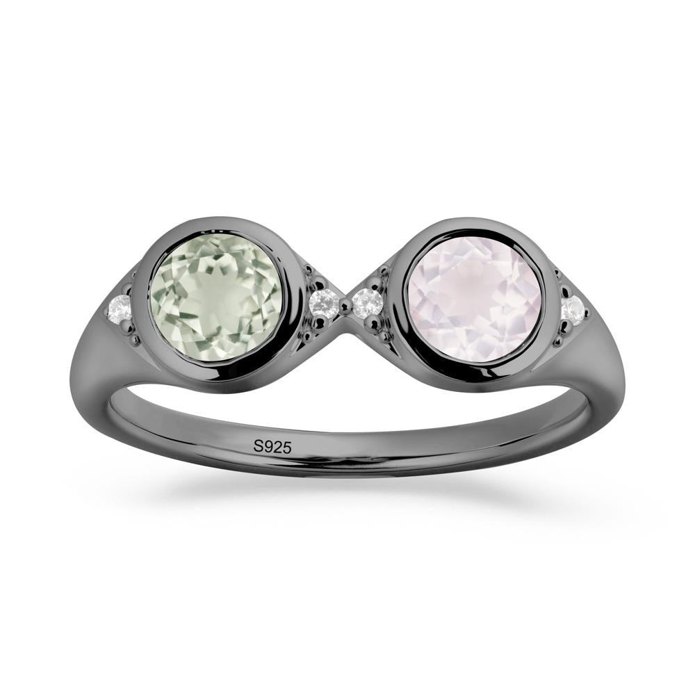 Bezel Green Amethyst and Rose Quartz Two Stone Ring - LUO Jewelry #metal_black finish sterling silver