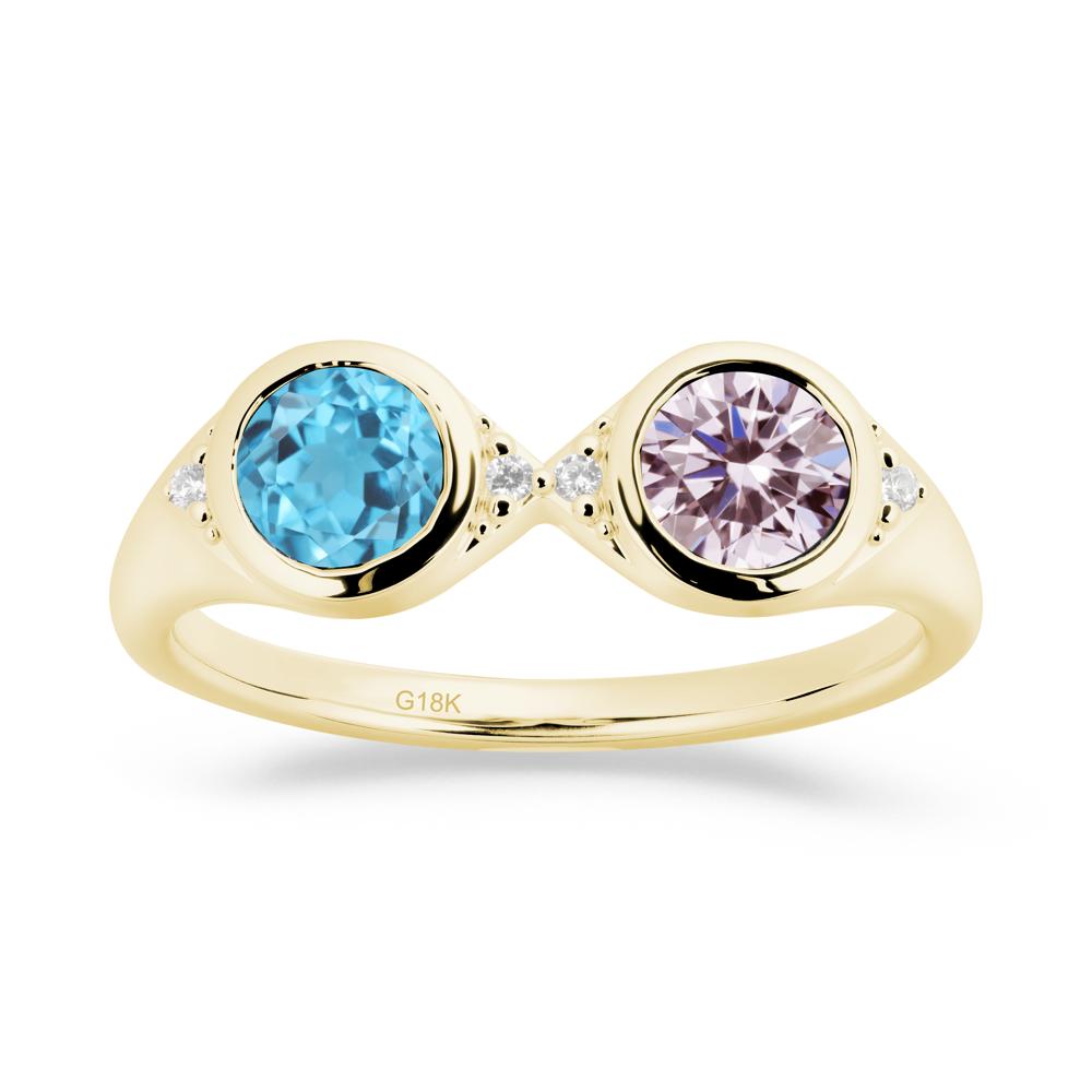 Bezel Pink Cubic Zirconia and Swiss Blue Topaz Two Stone Ring - LUO Jewelry #metal_18k yellow gold