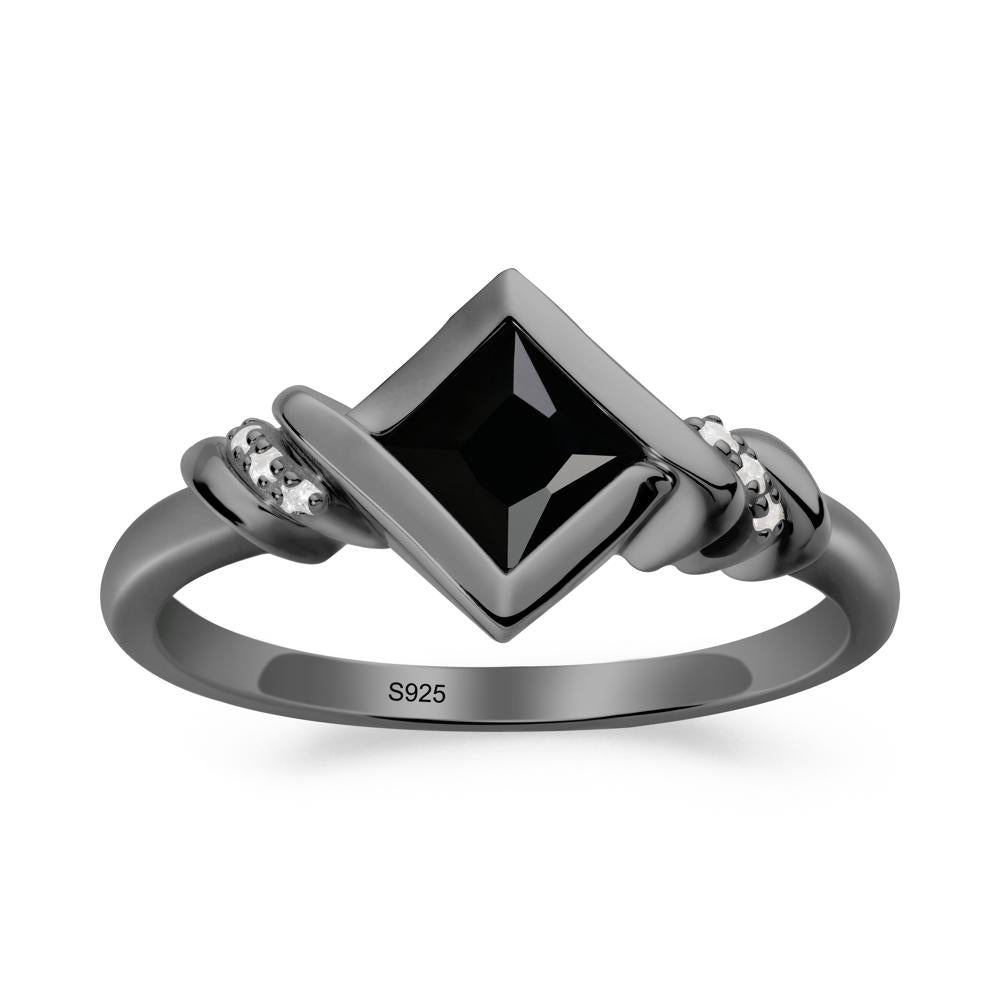 Bezel Set Black Spinel Ring with Twisted Shank - LUO Jewelry #metal_black finish sterling silver