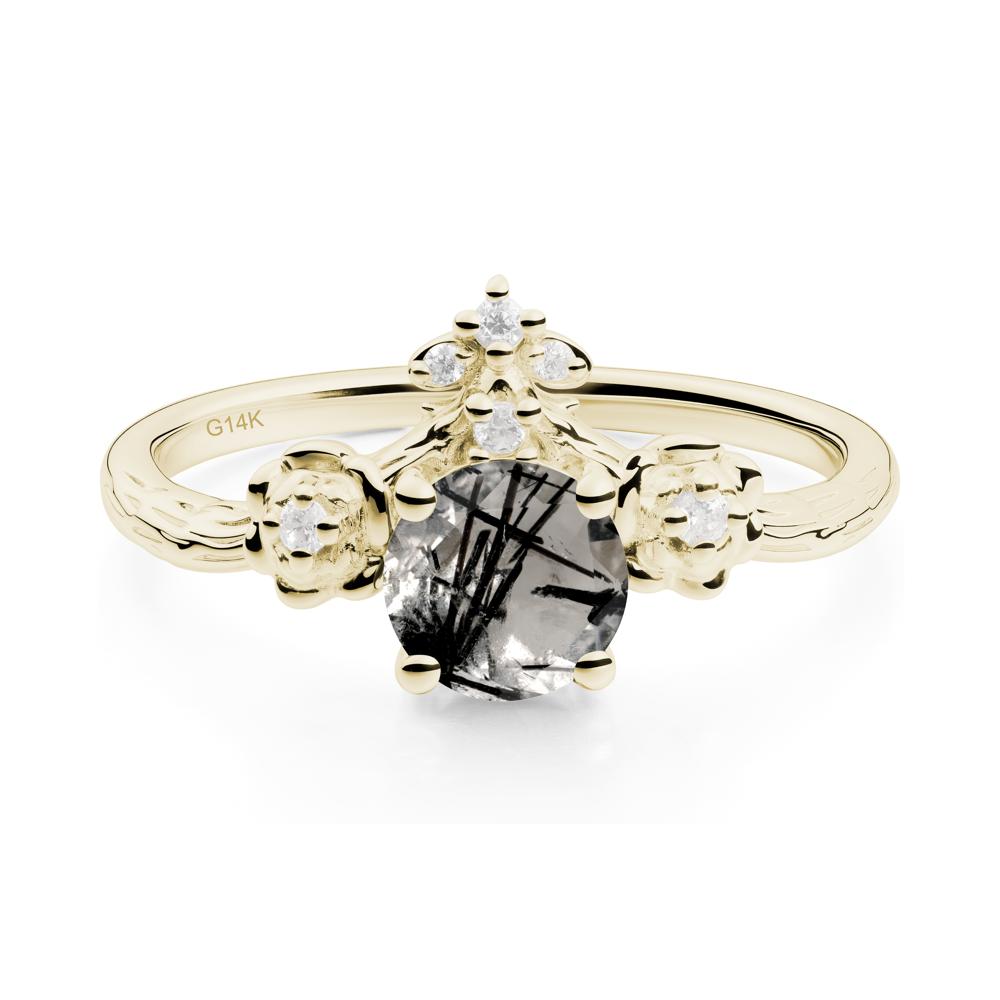 Round Black Rutilated Quartz Rose Ring with Wood Grain - LUO Jewelry #metal_14k yellow gold