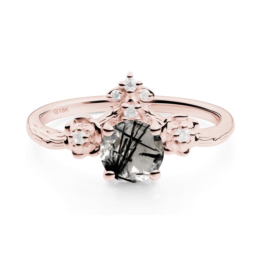 Round Black Rutilated Quartz Rose Ring with Wood Grain - LUO Jewelry #metal_18k rose gold