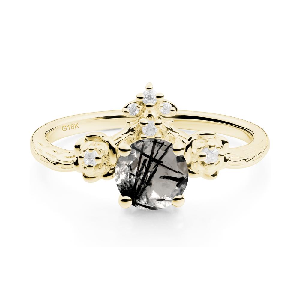 Round Black Rutilated Quartz Rose Ring with Wood Grain - LUO Jewelry #metal_18k yellow gold