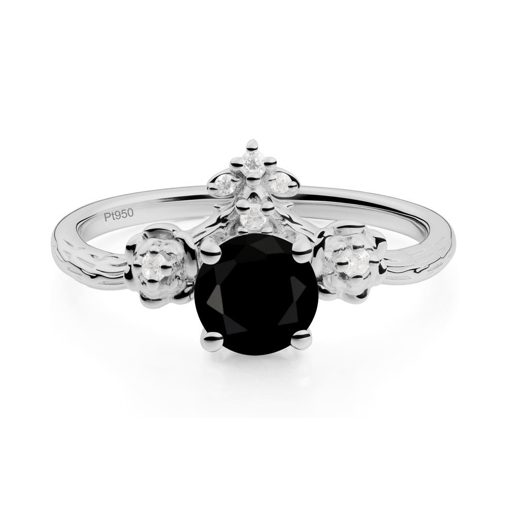 Round Black Spinel Rose Ring with Wood Grain - LUO Jewelry #metal_platinum