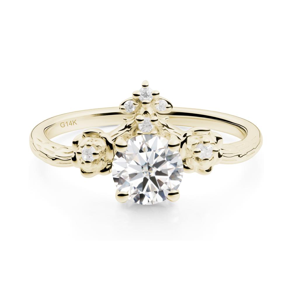 Round Moissanite Rose Ring with Wood Grain - LUO Jewelry #metal_14k yellow gold