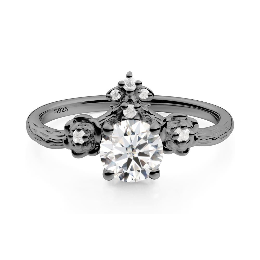 Round Moissanite Rose Ring with Wood Grain - LUO Jewelry #metal_black finish sterling silver