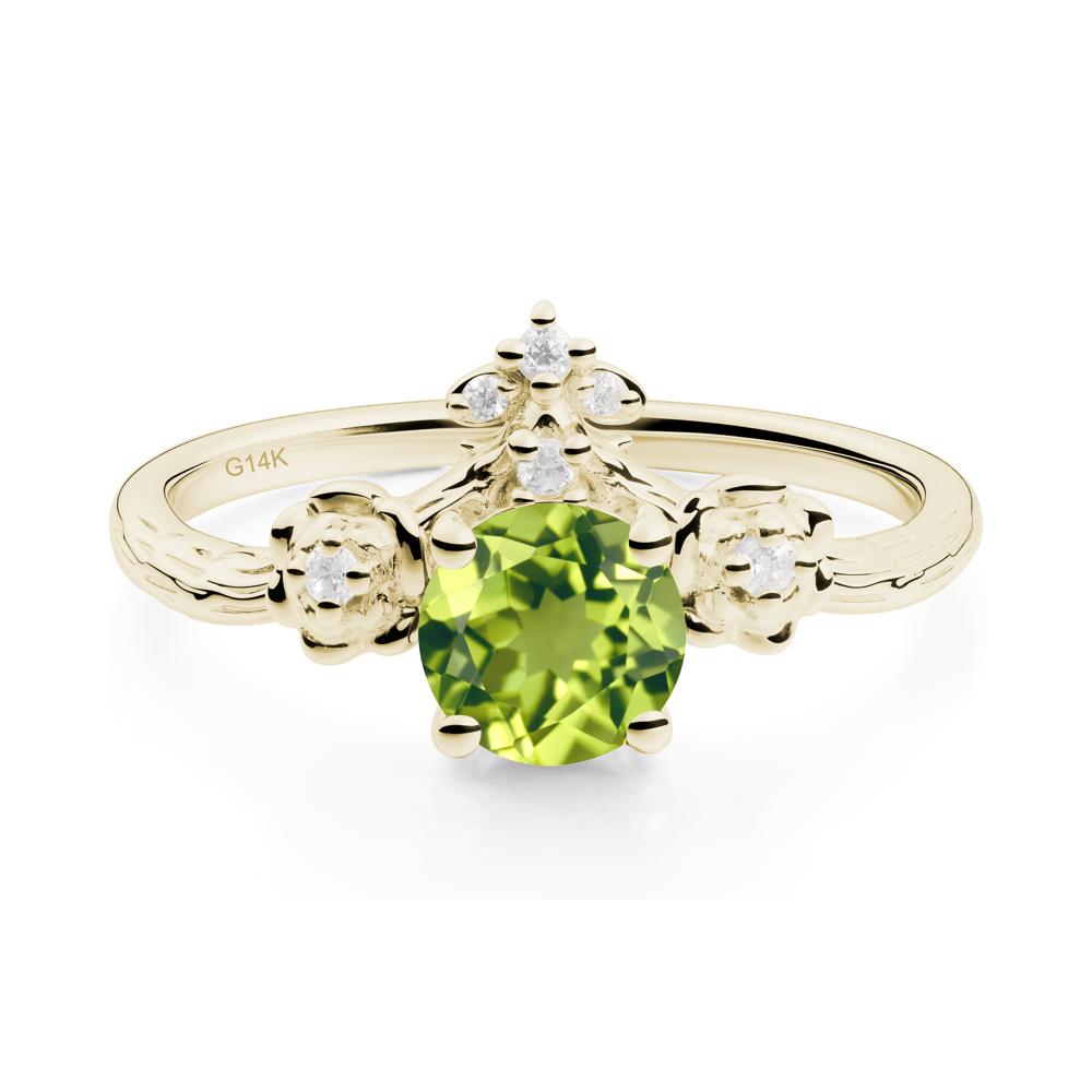 Round Peridot Rose Ring with Wood Grain - LUO Jewelry #metal_14k yellow gold