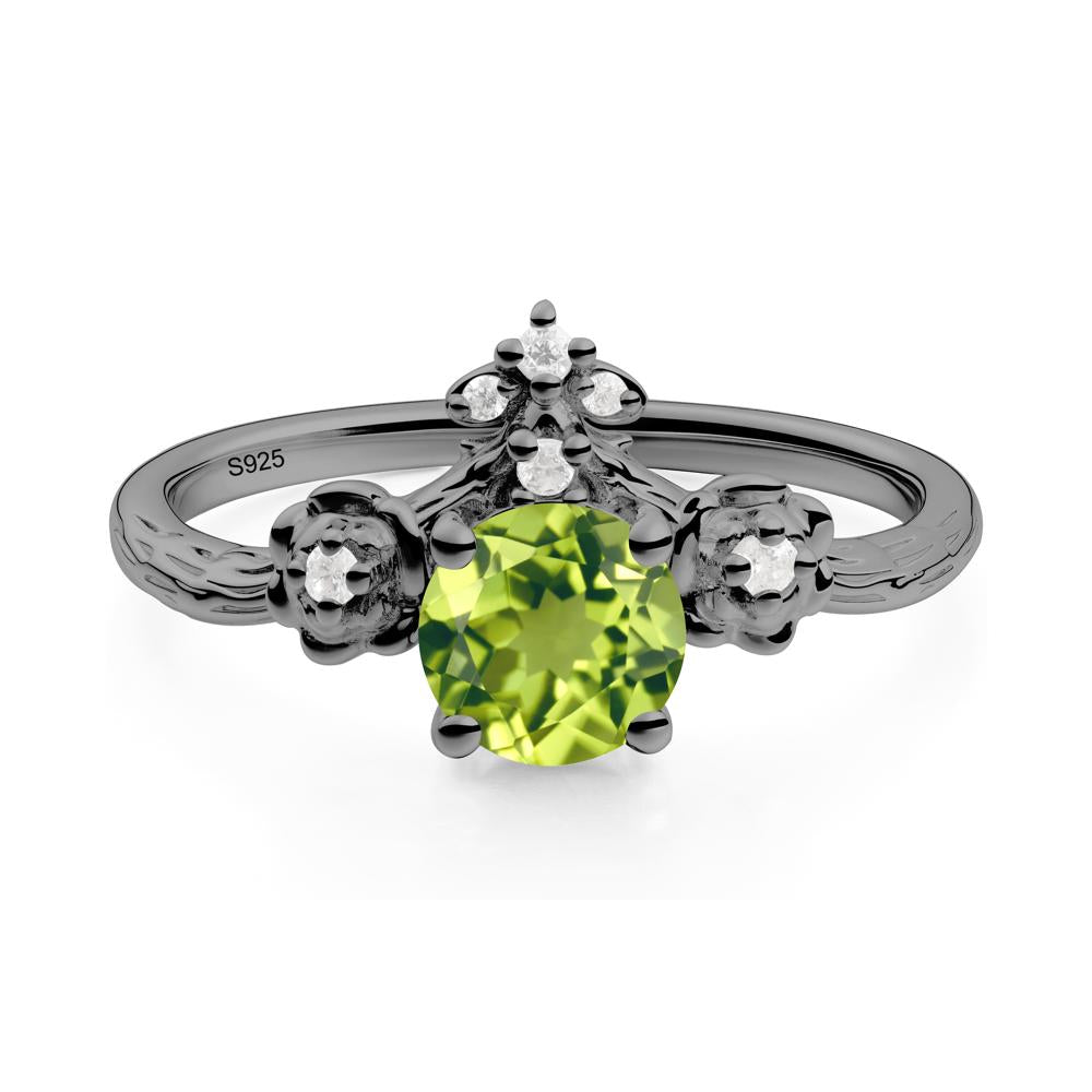 Round Peridot Rose Ring with Wood Grain - LUO Jewelry #metal_black finish sterling silver