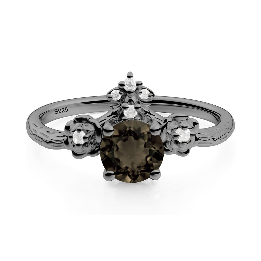 Round Smoky Quartz Rose Ring with Wood Grain - LUO Jewelry #metal_black finish sterling silver