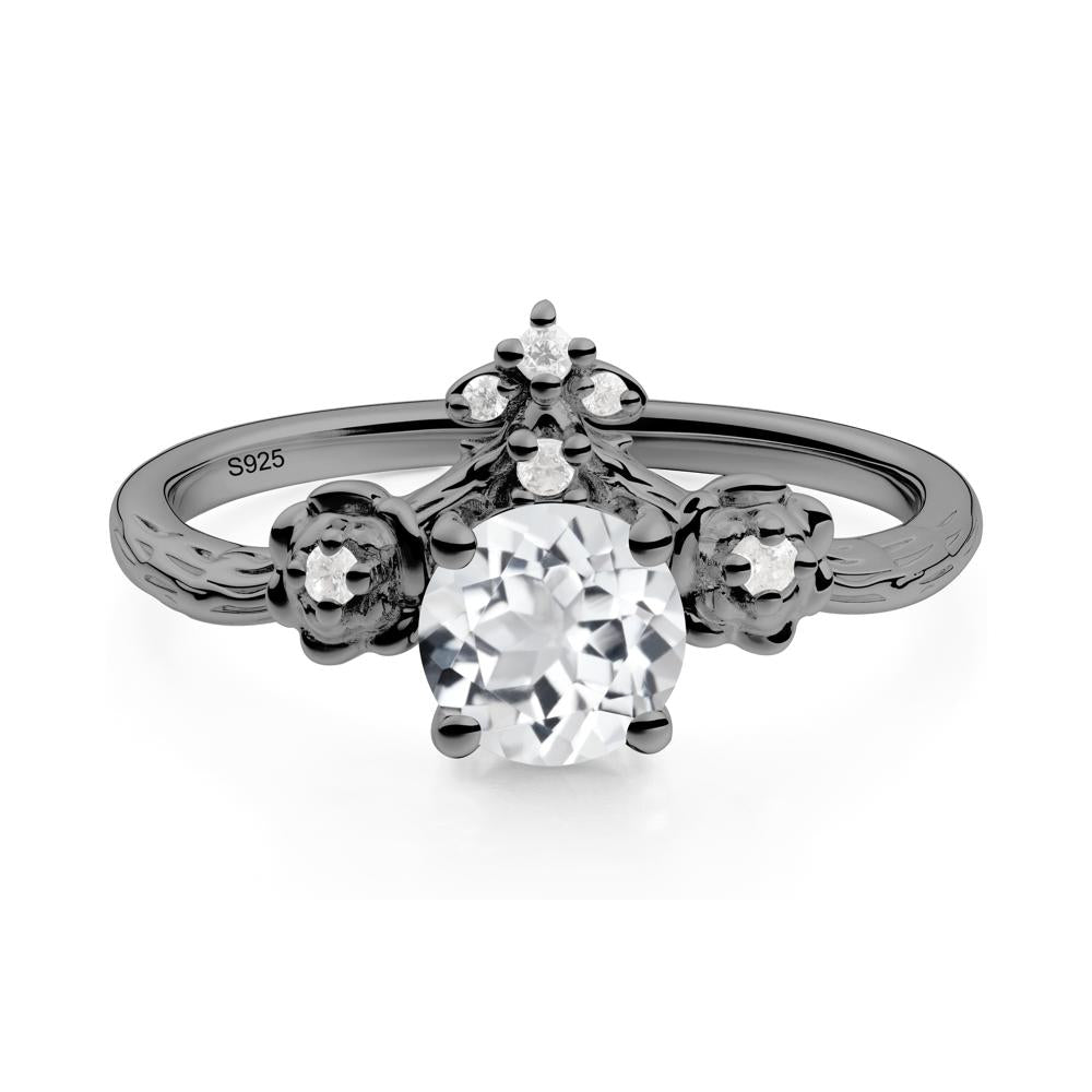 Round White Topaz Rose Ring with Wood Grain - LUO Jewelry #metal_black finish sterling silver