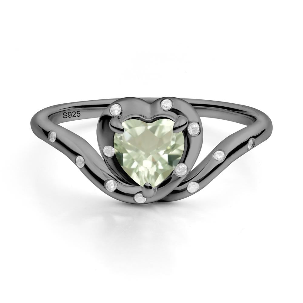 Curved Shank Heart-Shaped Green Amethyst Ring - LUO Jewelry #metal_black finish sterling silver