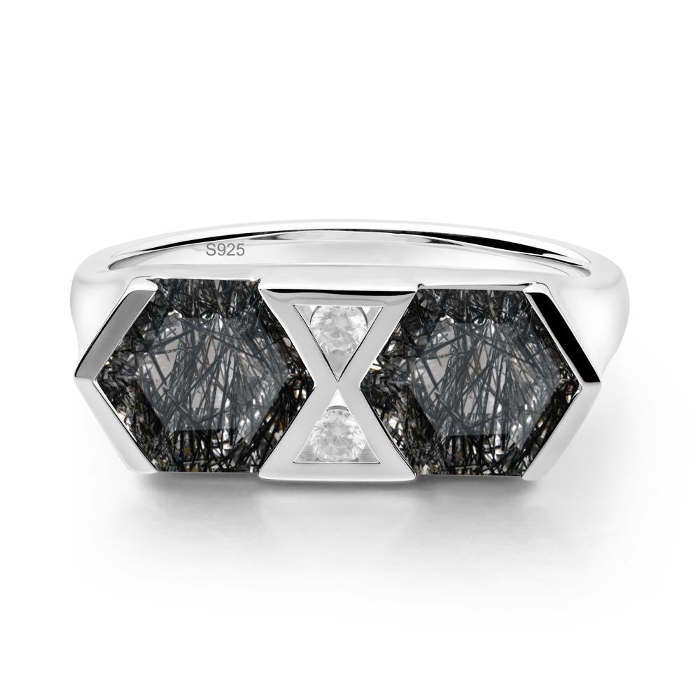 Hexagon Cut Black Rutilated Quartz Two Stone Ring - LUO Jewelry #metal_sterling silver