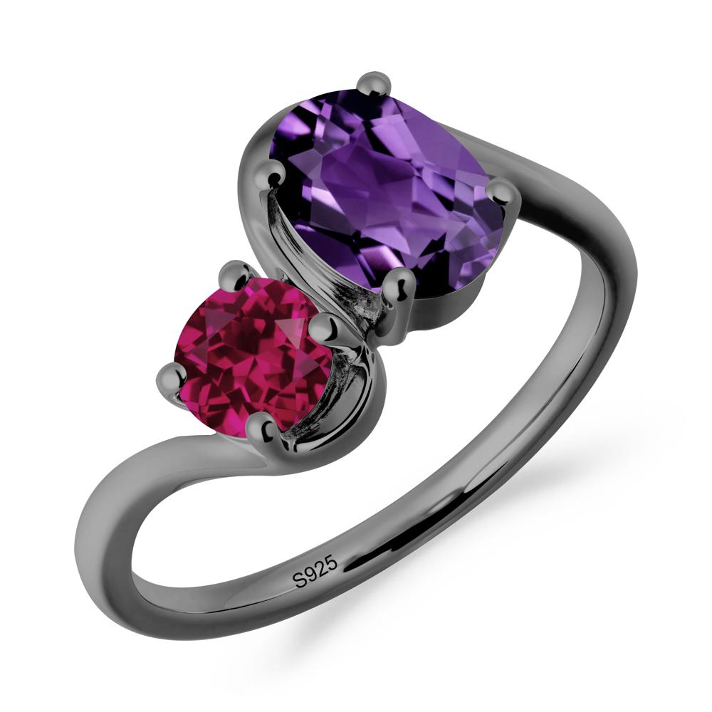 Wavy Bypass Ring with Amethyst and Ruby - LUO Jewelry #metal_black finish sterling silver