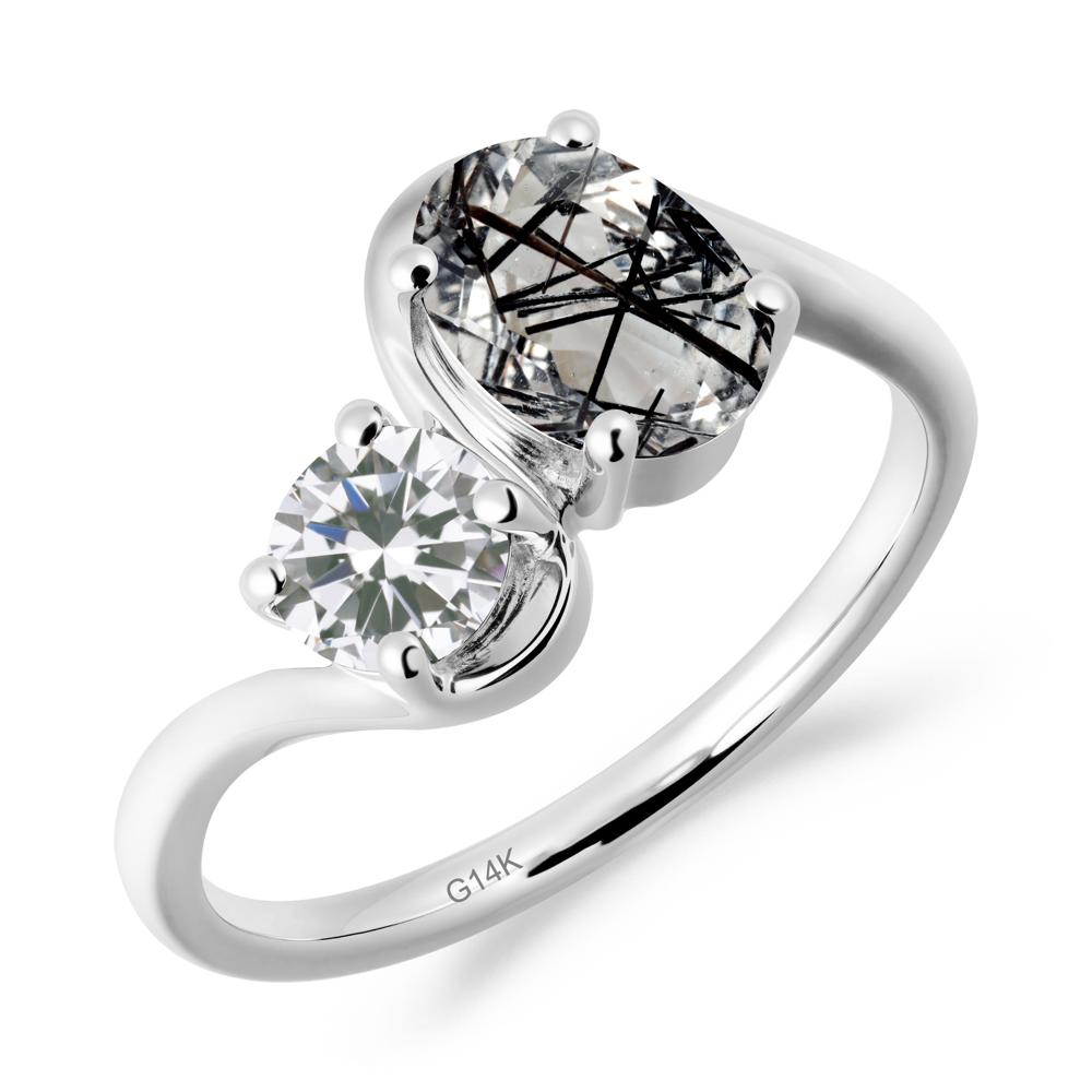 Wavy Bypass Ring with Black Rutilated Quartz and Cubic Zirconia - LUO Jewelry #metal_14k white gold