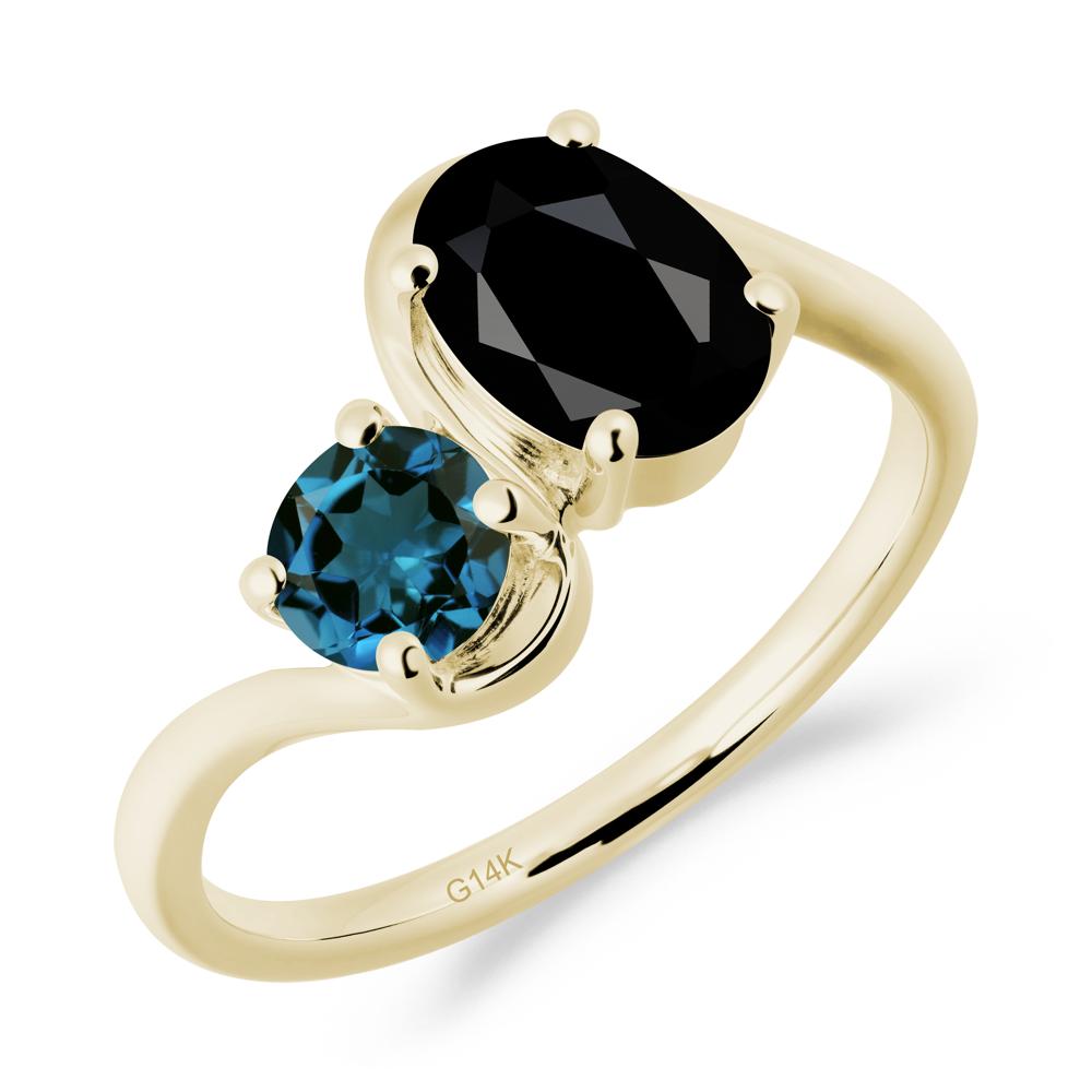 Wavy Bypass Ring with Black Spinel and London Blue Topaz - LUO Jewelry #metal_14k yellow gold