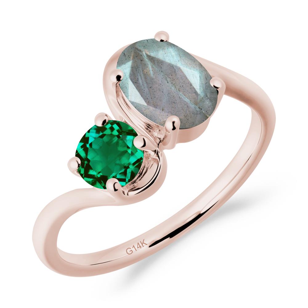 Wavy Bypass Ring with Labradorite and Emerald | LUO