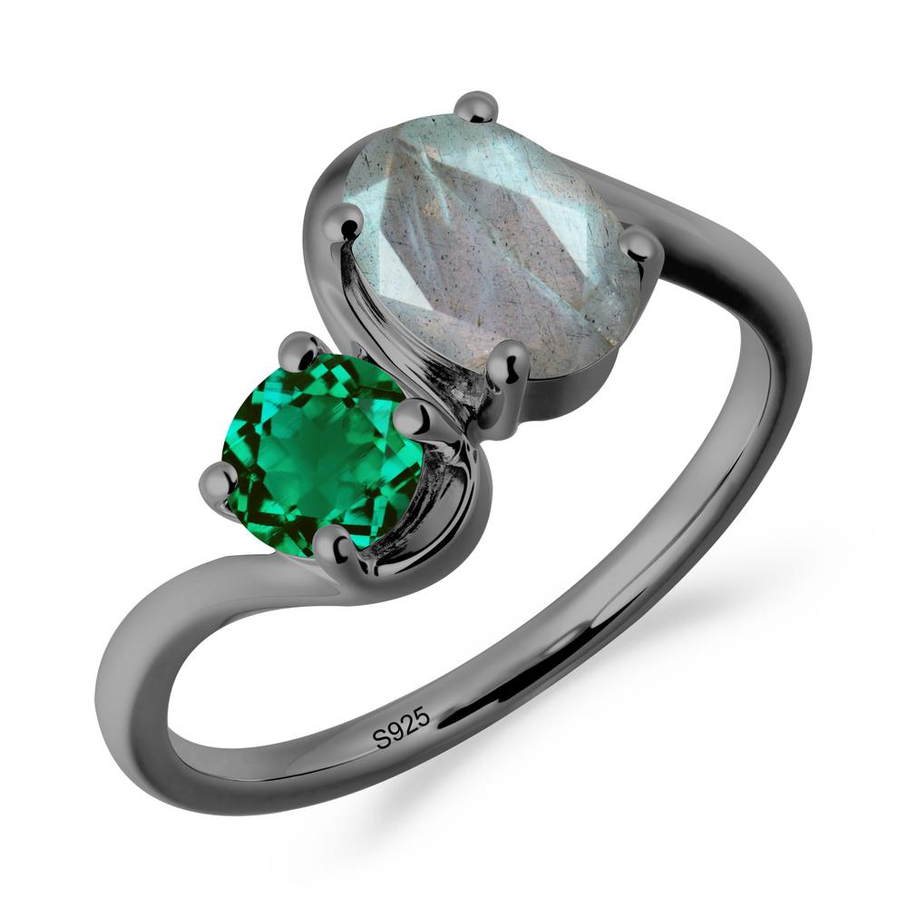 Wavy Bypass Ring with Labradorite and Emerald - LUO Jewelry #metal_black finish sterling silver