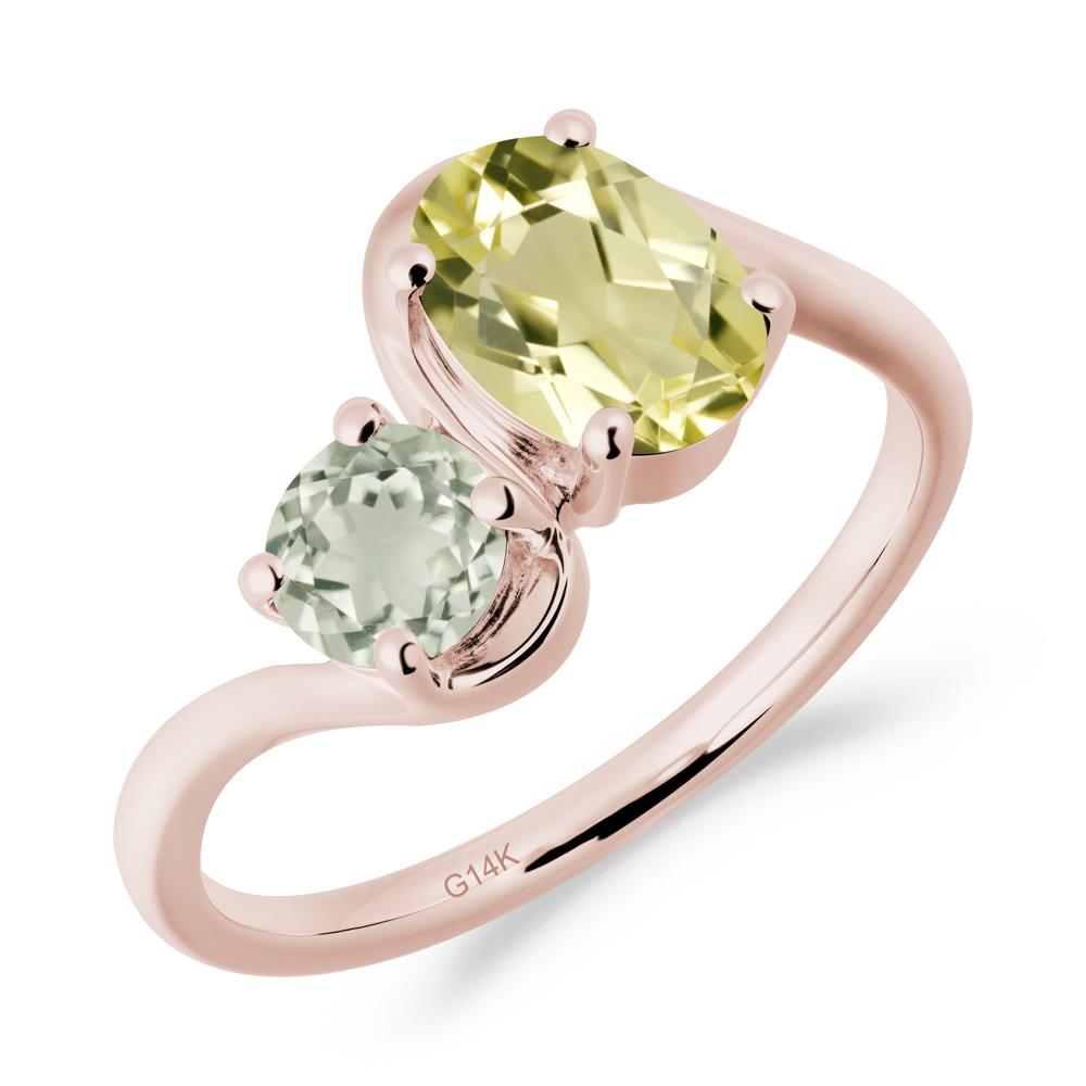 Wavy Bypass Ring with Lemon Quartz and Green Amethyst - LUO Jewelry #metal_14k rose gold