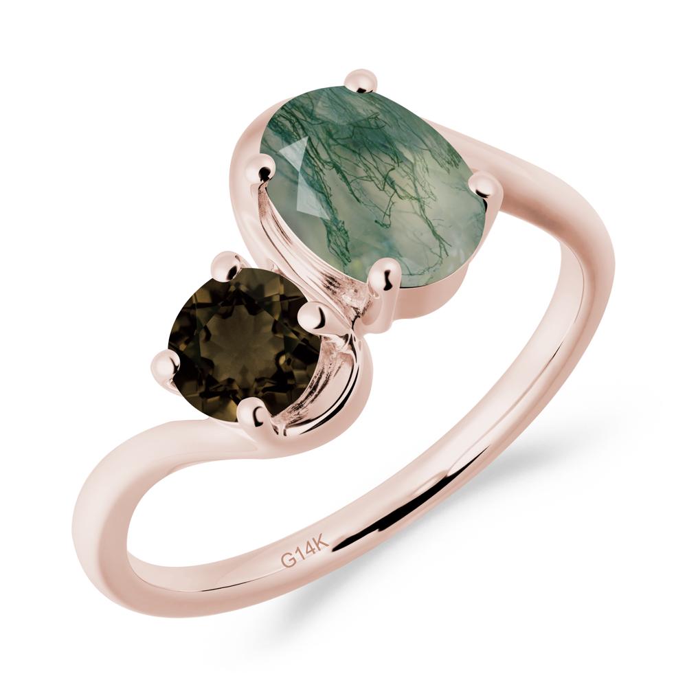 Wavy Bypass Ring with Moss Agate and Smoky Quartz - LUO Jewelry #metal_14k rose gold