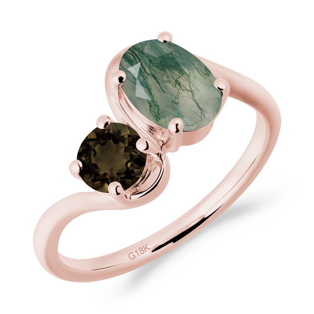 Wavy Bypass Ring with Moss Agate and Smoky Quartz - LUO Jewelry #metal_18k rose gold